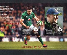 2019 Ireland Cork Stamp and Coin Exhibition 16th November 2019 Exhibition Commemorative Stamps Miniature Sheet on Irish Rugby (IRFU) featuring Joe Schmidt (Coach of the Year) & Johnny Sexton (Player of the Year) Miniature Sheet in Red Mint Never Hinge