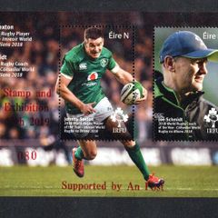 2019 Ireland Cork Stamp and Coin Exhibition 16th November 2019 Exhibition Commemorative Stamps Miniature Sheet on Irish Rugby (IRFU) featuring Joe Schmidt (Coach of the Year) & Johnny Sexton (Player of the Year) Miniature Sheet in Red Mint Never Hinge