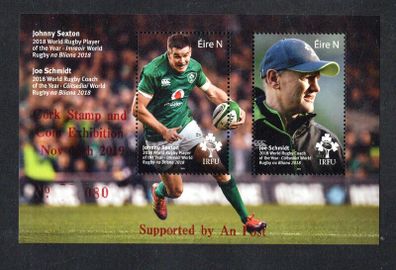 2019 Ireland Cork Stamp and Coin Exhibition 16th November 2019 Exhibition Commemorative Stamps Miniature Sheet on Irish Rugby (IRFU) featuring Joe Schmidt (Coach of the Year) & Johnny Sexton (Player of the Year) Miniature Sheet in Red Mint Never Hinge