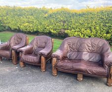 solid oak, genuine leather 2 seater & 2 armchairs