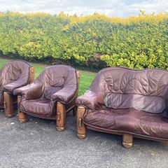 solid oak, genuine leather 2 seater & 2 armchairs