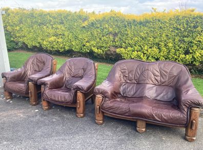 solid oak, genuine leather 2 seater & 2 armchairs