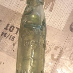 Antique Named Edwin Short Goole, Green Glass Codd Neck Bottle, featuring a marble invented in 1872