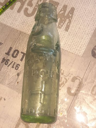 Antique Named Edwin Short Goole, Green Glass Codd Neck Bottle, featuring a marble invented in 1872