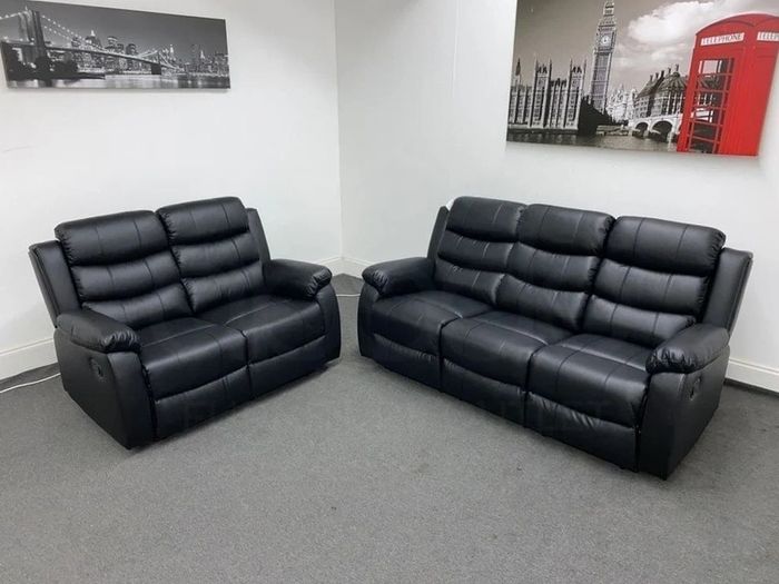 Roma Black Manual Leather Recliner Sofa Set