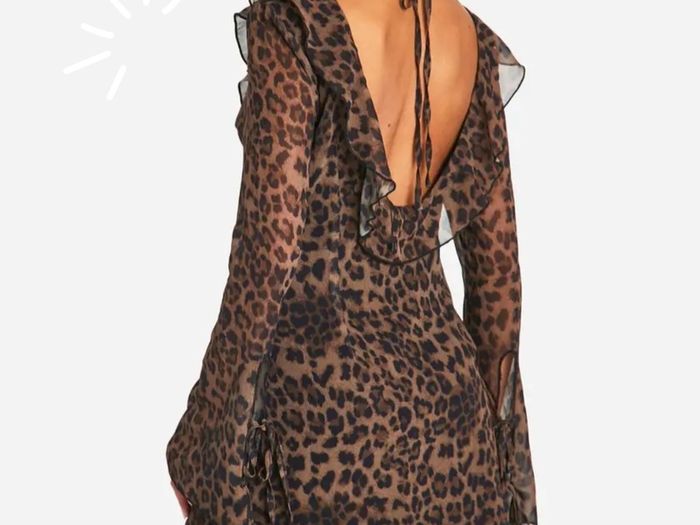 Boohoo Brown Black Leopard Y2K Grunge Tie Front V Neck Flared Mini Dress 16UK/44EU