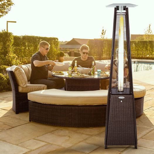 BU-KO Outdoor Patio Gas Heater | Garden, Camp, BBQ Parties | Brown Rattan Pyramid Style 13kw Propane Burner | Portable Wheels, Regulator & Hose | LPG Warm Heating Fire & Water Proof Cover Included