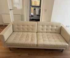 2-Seater Cream Faux Leather Sofa + Matching Footstool