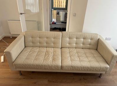 2-Seater Cream Faux Leather Sofa + Matching Footstool