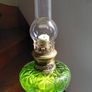 antique French large green glass oil lamp, works Image 6