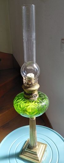 antique French large green glass oil lamp, works