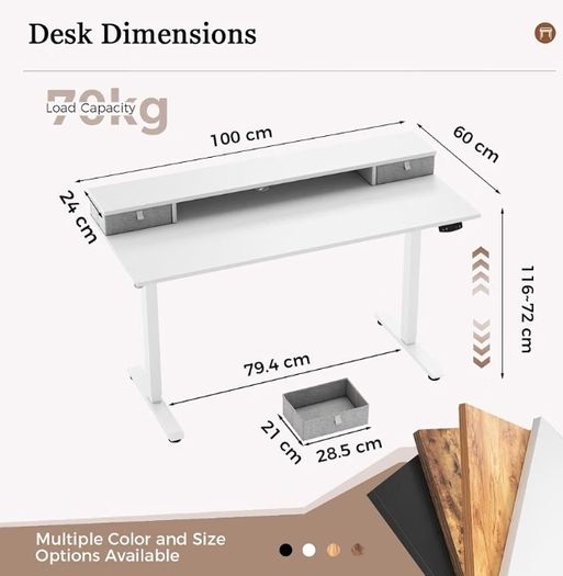 Electric Height Adjustable Desk, with 2 Fabric Drawers, 100x60cm  72-116cm Height, Stable Sit-Stand Standing Desk w. 2 Memory Buttons, Computer Desk for Home Office, 2 pcs Desktops, White