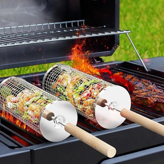 Removable Wooden Handle, 304 Stainless Steel, Nesting Grilling Net, BBQ Accessories Tools for Vegetables Shrimp, Outdoor Cooking Camping, Birthday Gifts for Men Dad Husband