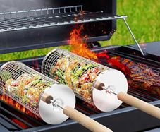 Removable Wooden Handle, 304 Stainless Steel, Nesting Grilling Net, BBQ Accessories Tools for Vegetables Shrimp, Outdoor Cooking Camping, Birthday Gifts for Men Dad Husband