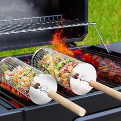 Removable Wooden Handle, 304 Stainless Steel, Nesting Grilling Net, BBQ Accessories Tools for Vegetables Shrimp, Outdoor Cooking Camping, Birthday Gifts for Men Dad Husband