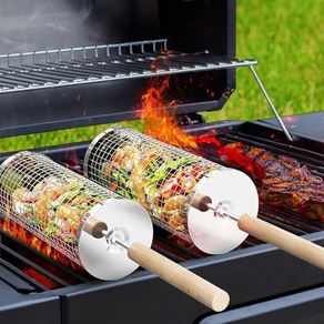 Removable Wooden Handle, 304 Stainless Steel, Nesting Grilling Net, BBQ Accessories Tools for Vegetables Shrimp, Outdoor Cooking Camping, Birthday Gifts for Men Dad Husband