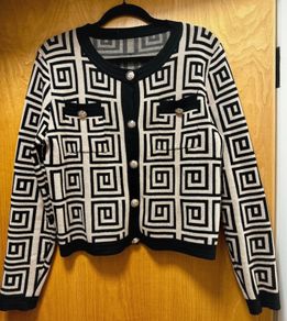 Shein beige and black design cardigan with gold buttons