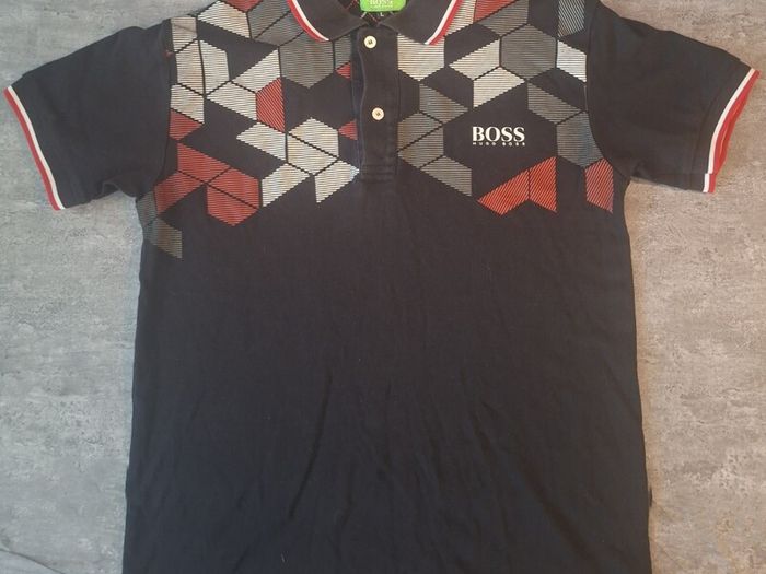 Hugo Boss Green Label Men's L Polo Shirt Black Geometric Graphic Short Sleeve
