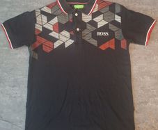 Hugo Boss Green Label Men's L Polo Shirt Black Geometric Graphic Short Sleeve
