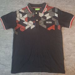 Hugo Boss Green Label Men's L Polo Shirt Black Geometric Graphic Short Sleeve