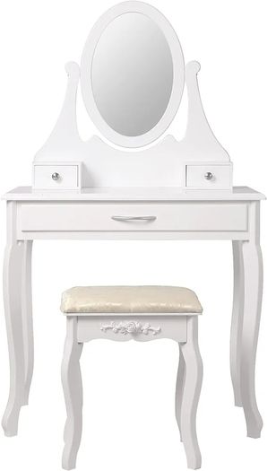 ML-Design Dressing Table White Dressing Table with Mirror, Stool and 3 Drawers, 75 x 140 x 40 cm, Country House Style, Cosmetic Table for Women and Girls, Dressing Table Made of MDF Wood, Chest of