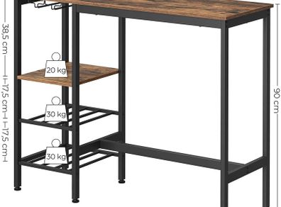 Bar table, high table, 110 x 40 x 90 cm, with holders for wine glasses and bottles, kitchen table, for living room, kitchen, industrial design, vintage brown-black