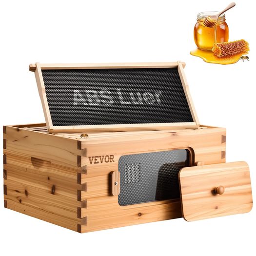 Bee Hive Deep Box Starter Kit, 100% Beeswax Coated Natural Fir Wood, Langstroth Beehive Kit with 10 Frames and Foundations, Transparent Acrylic Bee Windows for Beginners and Pro Beekeepers