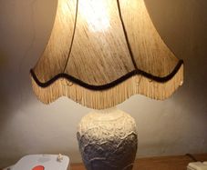 Large vintage cream table lamp floral relief with 3 pronged plug .