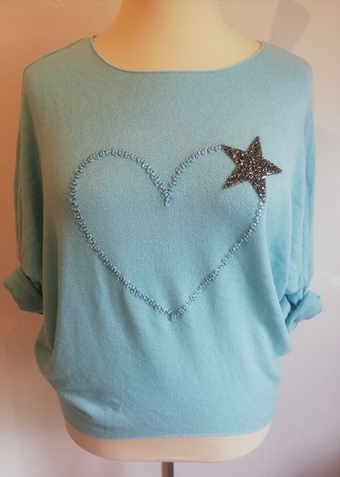 Carla Giannini Women's Angora Mix Top With Heart & Stars New With Tag Turquoise