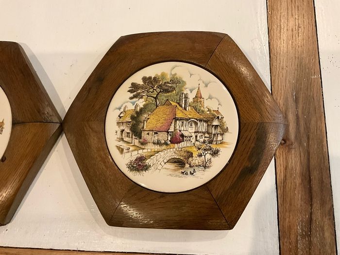 Vintage Plaques .Tikes in Oak Hexagon Shaped Frames