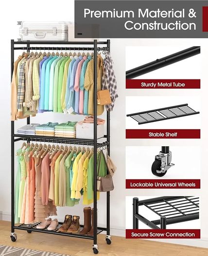Clothes Rail  Clothes Rack with Shelves & Wheels, Multi-Functional Clothing Rail with Hooks, Sturdy Metal Garment Rack for Bedroom, Laundry, Balcony, 84cm / 31cm / 202cm, Black
