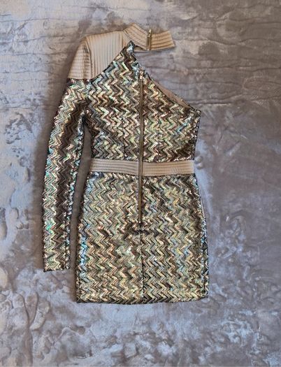 Zhivago One Shoulder Sequin Mini Dress AU 8 UK 8 In Champagne Gold Zig Zag Party Dress.
