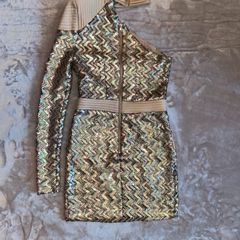 Zhivago One Shoulder Sequin Mini Dress AU 8 UK 8 In Champagne Gold Zig Zag Party Dress.