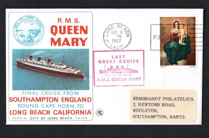 1967 Great Britain Cover Celebrating Final Cruise of RMS Queen Mary from Southampton England Round Cape Horn to Long Beach California with Long Beach, USA cancel ad Paquboat trying 4d Commemorative Stamp and Last Great Cruise cancel