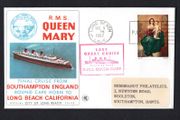 1967 Great Britain Cover Celebrating Final Cruise of RMS Queen Mary from Southampton England Round Cape Horn to Long Beach California with Long Beach, USA cancel ad Paquboat trying 4d Commemorative Stamp and Last Great Cruise cancel