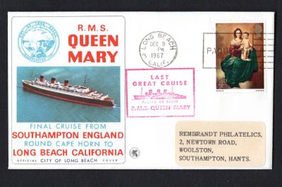 1967 Great Britain Cover Celebrating Final Cruise of RMS Queen Mary from Southampton England Round Cape Horn to Long Beach California with Long Beach, USA cancel ad Paquboat trying 4d Commemorative Stamp and Last Great Cruise cancel