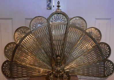 Vintage Brass Fireplace Screen Fan Gargoyle Peacock Griffin