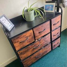 Black metal with fabric faux wood grain storage drawers