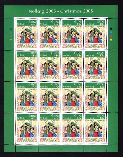 2005 Ireland Christmas Commemorative Stamp Sheetlet Plate 1B1B1B1B Mint Never Hinged (MNH).
