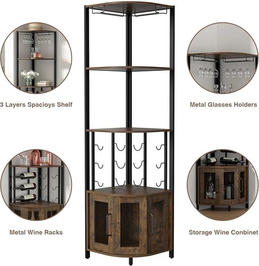 Corner Bar Cabinet with Glass Holder, 4 Tier Liquor Wine Cabinet with Metal Mesh Doors, Buffet Cabinet Wine Rack Cabinet with Anti-tip Kit for Home Coffee Bar Liquor and Wine Storage