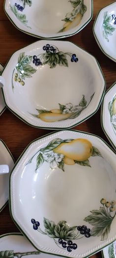 Set 20 pcs  by Churchill England, featuring a charming fruit and blossom design with a classic green rim. Beautifully made English pottery with lovely detail and quality.