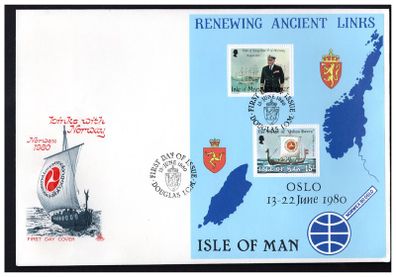 1980 Isle of Man Renewing Ancient Links (with Normay) Commemorative Stamp Sheetlet First Day Cover (FDC)