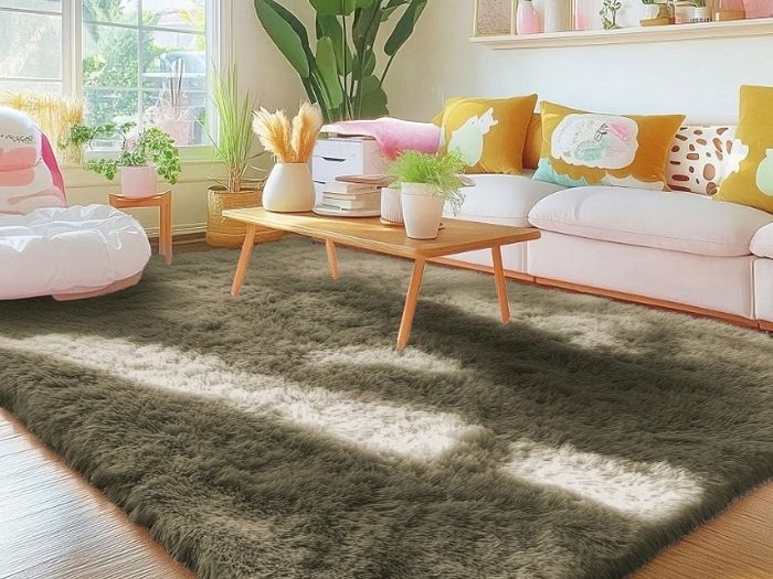Fluffy Washable Large Rugs Living Room 120 x 160 cm, Khaki Green  Anti Slip Carpet, Soft Thick Pile Bedside Rug, Shaggy Rugs for Kids Bedroom, Nursery
