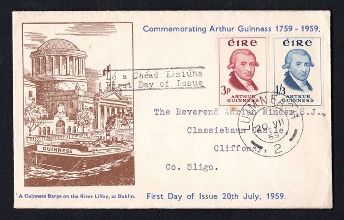 1959 Ireland Bicentenary of the Foundation of the Arthur Guinness Brewery in Dublin Commemorative Stamp Illustrated First Day Cover (FDC) with Luminiceh (Limerick) steele cancel