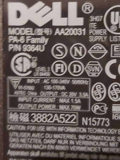 DELL AA20031 20v 3.5amp Power Adaptor in excellent condition