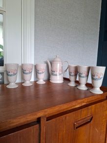 7pc Retro Vintage Italian Faience Coffee Set - GL Landscape Teapot & 6 Mazagran Pedestal Cups