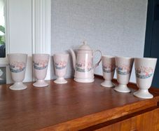 7pc Retro Vintage Italian Faience Coffee Set - GL Landscape Teapot & 6 Mazagran Pedestal Cups