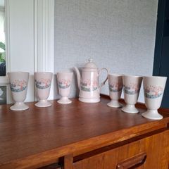 7pc Retro Vintage Italian Faience Coffee Set - GL Landscape Teapot & 6 Mazagran Pedestal Cups