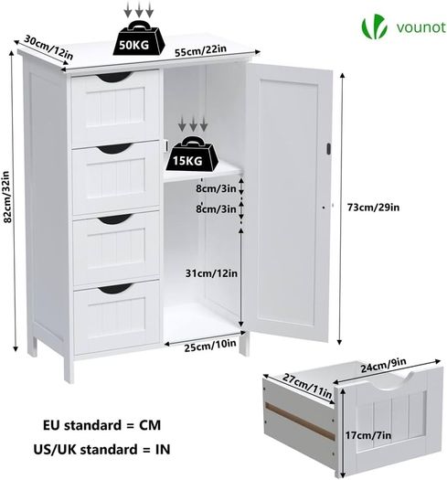 Bathroom Floor Storage Cabinet, Freestanding Storage Unit with Adjustable Shelf, 4 Drawers & Door, for Bedroom, Kitchen, Living Room, Entryway, White