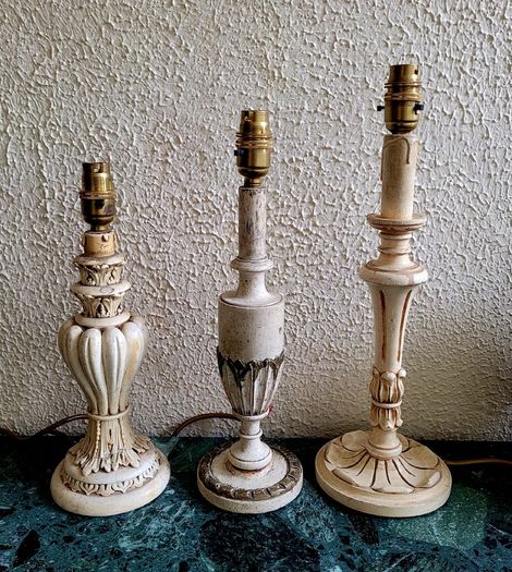 Vintage trio of graduated italian polychrome & wooden table lamps